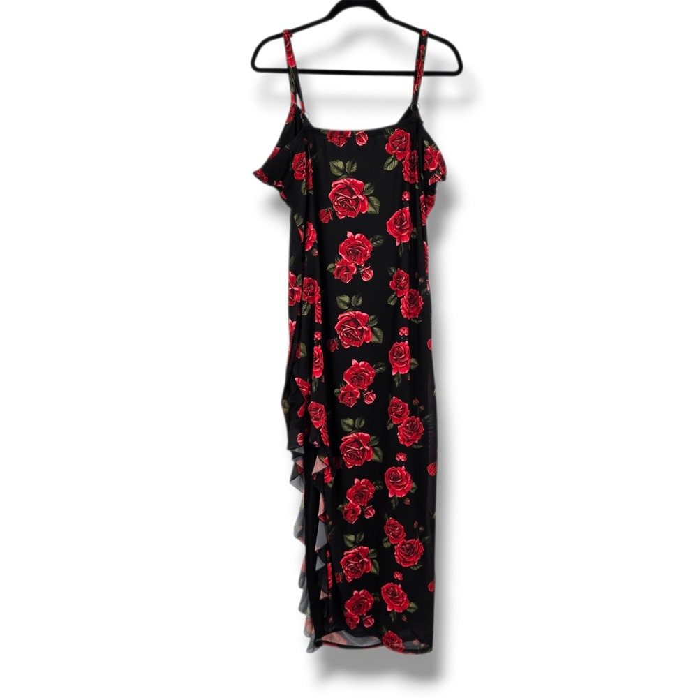 Almost Famous Womens 3X Black Red Rose Floral Ruffle Slit Midi Bodycon Dress